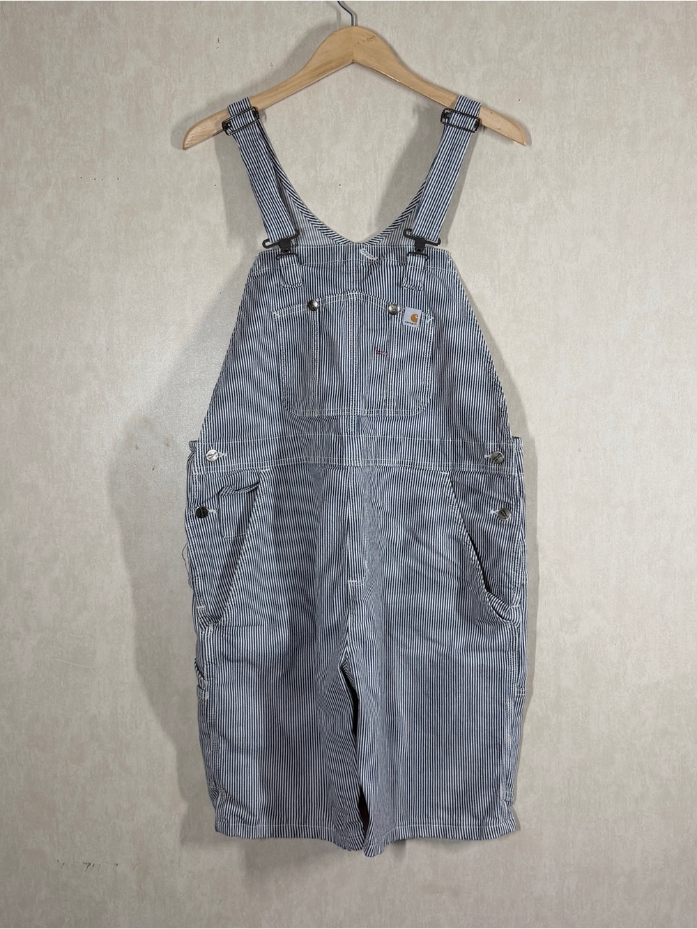 Carhartt Women’s Hickory Stripe Denim Bib Overall Shorts Cotton in Blue White XL